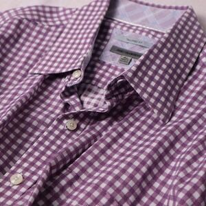Johnston & Murphy Mens XXL Tailored Fit Purple Gingham Check Button Down Shirt